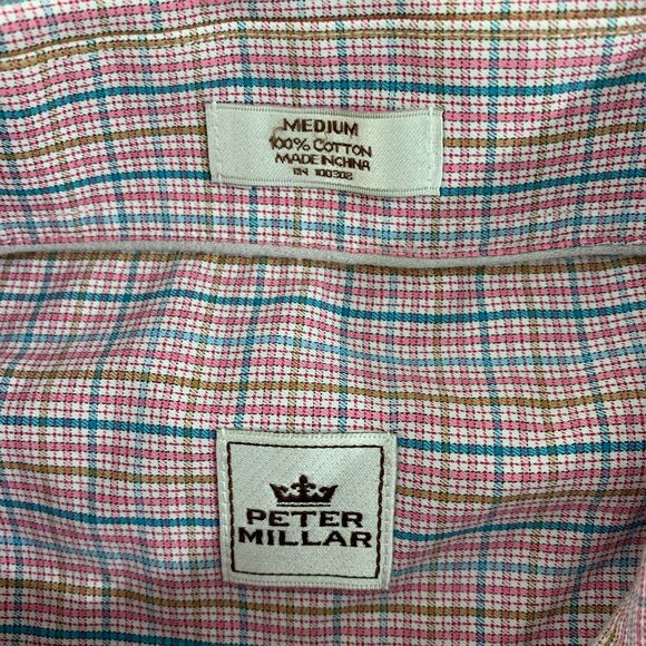 Peter Millar Button Down Shirt Mens Medium Cotton Tattersall Plaid Long Sleeve - Picture 5 of 16